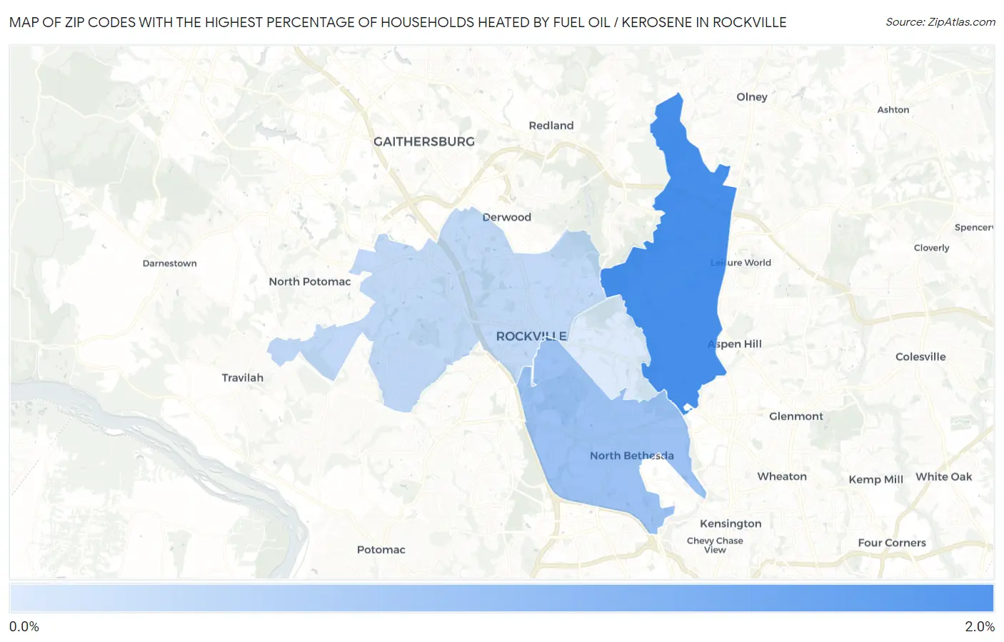 Zip Codes with the Highest Percentage of Households Heated by Fuel Oil / Kerosene in Rockville Map