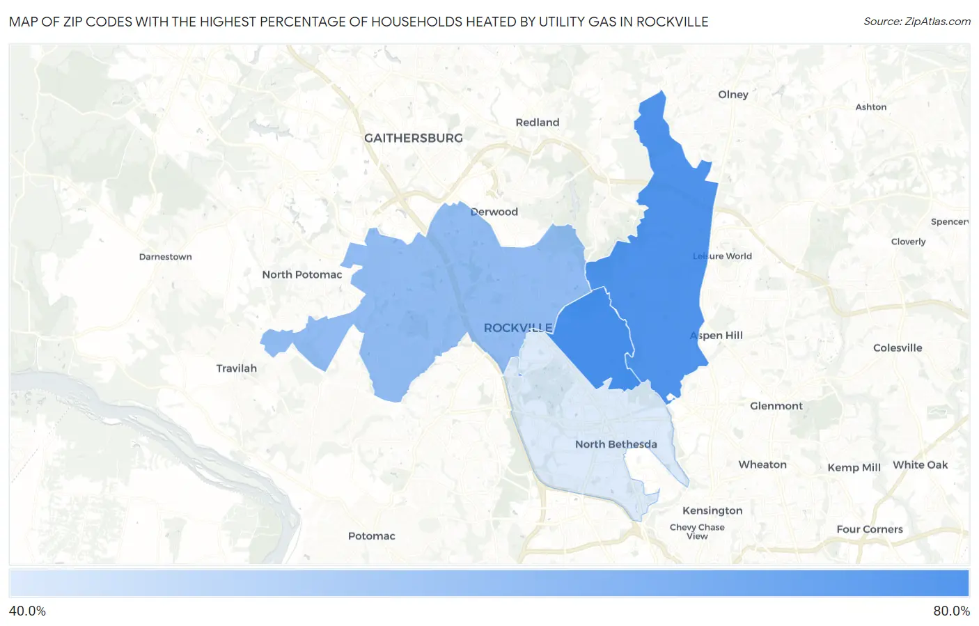 Zip Codes with the Highest Percentage of Households Heated by Utility Gas in Rockville Map