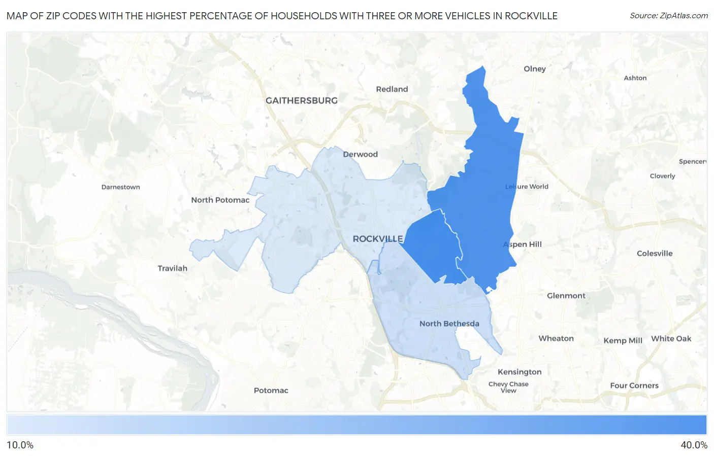 Zip Codes with the Highest Percentage of Households With Three or more Vehicles in Rockville Map