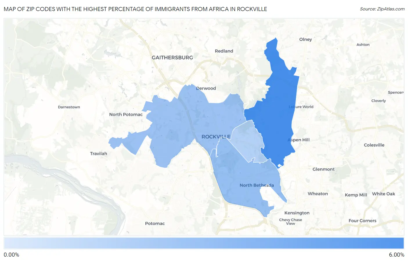 Zip Codes with the Highest Percentage of Immigrants from Africa in Rockville Map