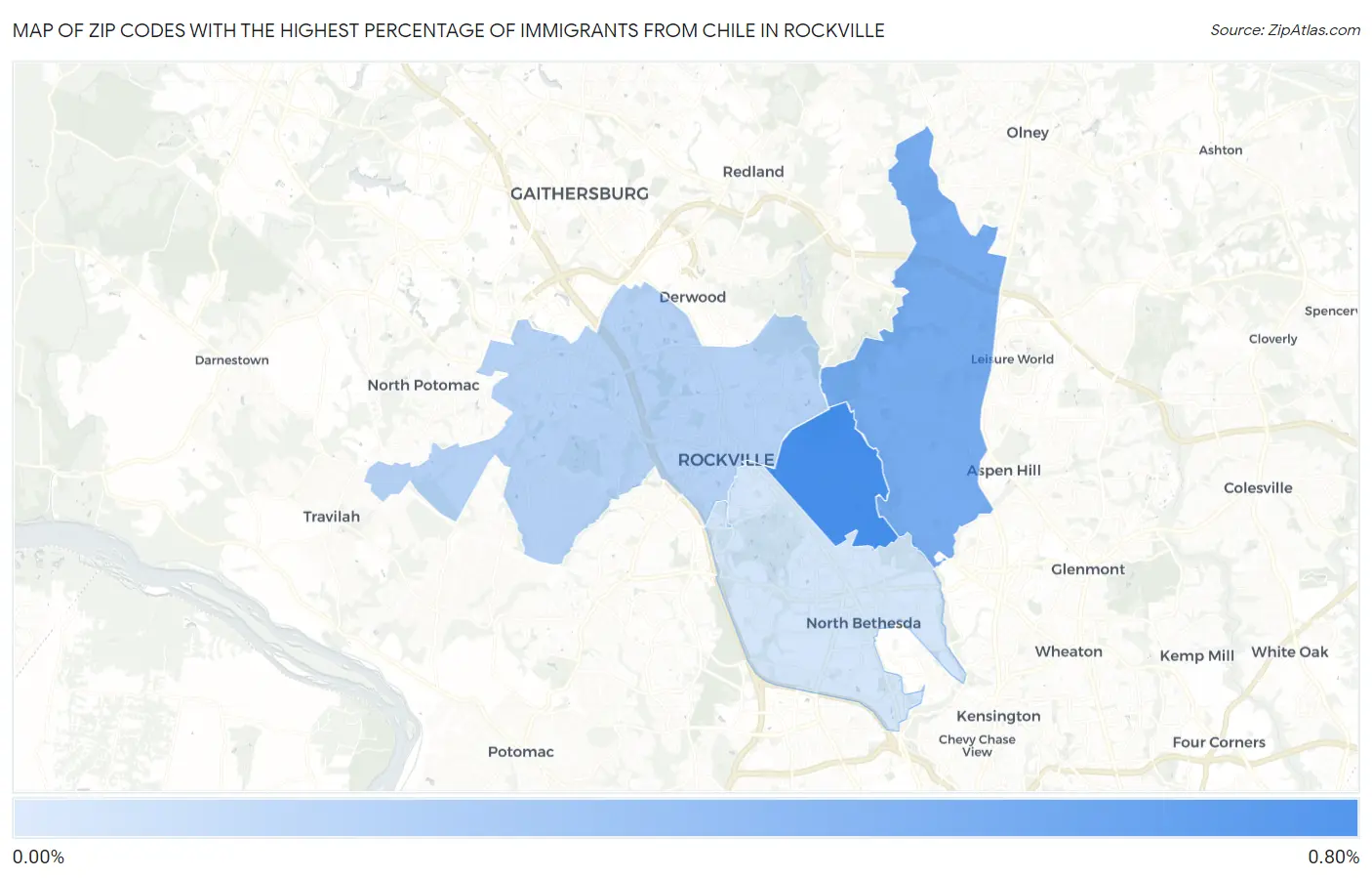 Zip Codes with the Highest Percentage of Immigrants from Chile in Rockville Map
