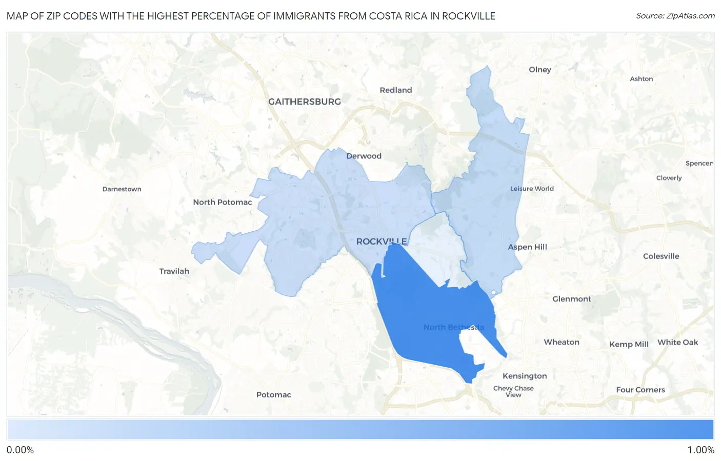Zip Codes with the Highest Percentage of Immigrants from Costa Rica in Rockville Map
