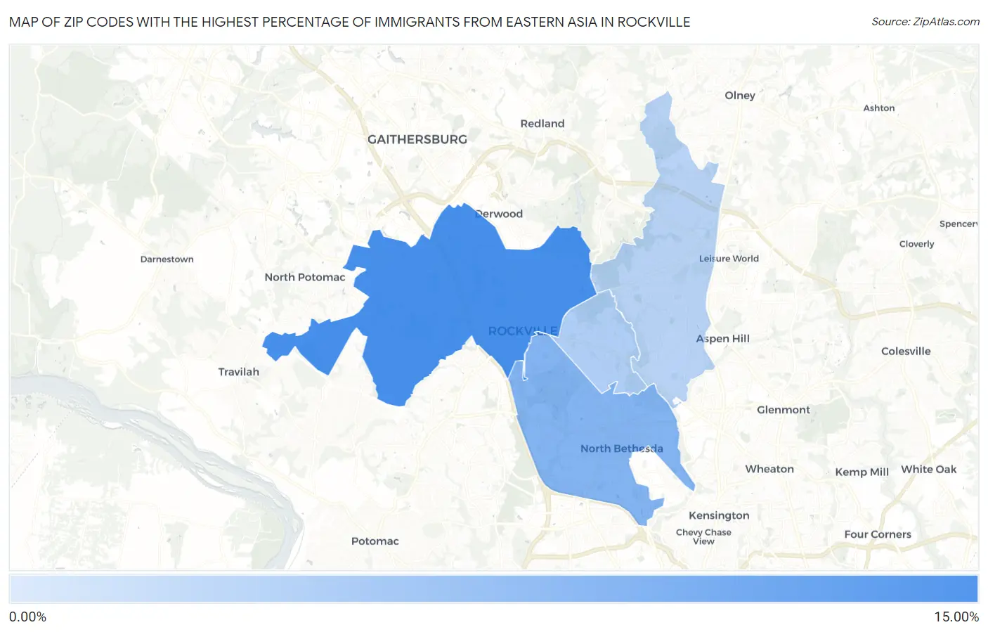 Zip Codes with the Highest Percentage of Immigrants from Eastern Asia in Rockville Map