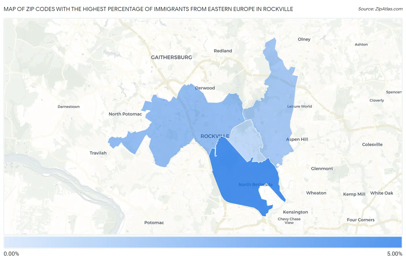 Zip Codes with the Highest Percentage of Immigrants from Eastern Europe in Rockville Map