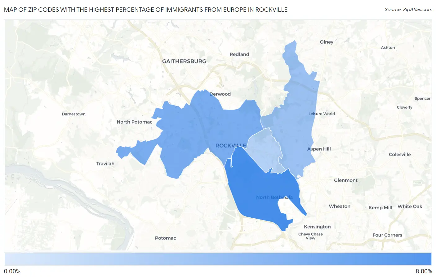 Zip Codes with the Highest Percentage of Immigrants from Europe in Rockville Map