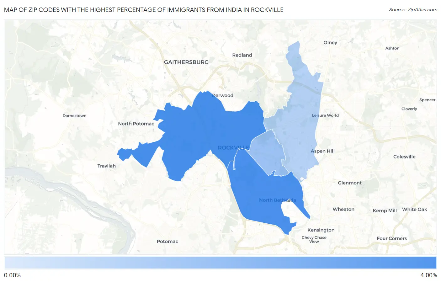 Zip Codes with the Highest Percentage of Immigrants from India in Rockville Map