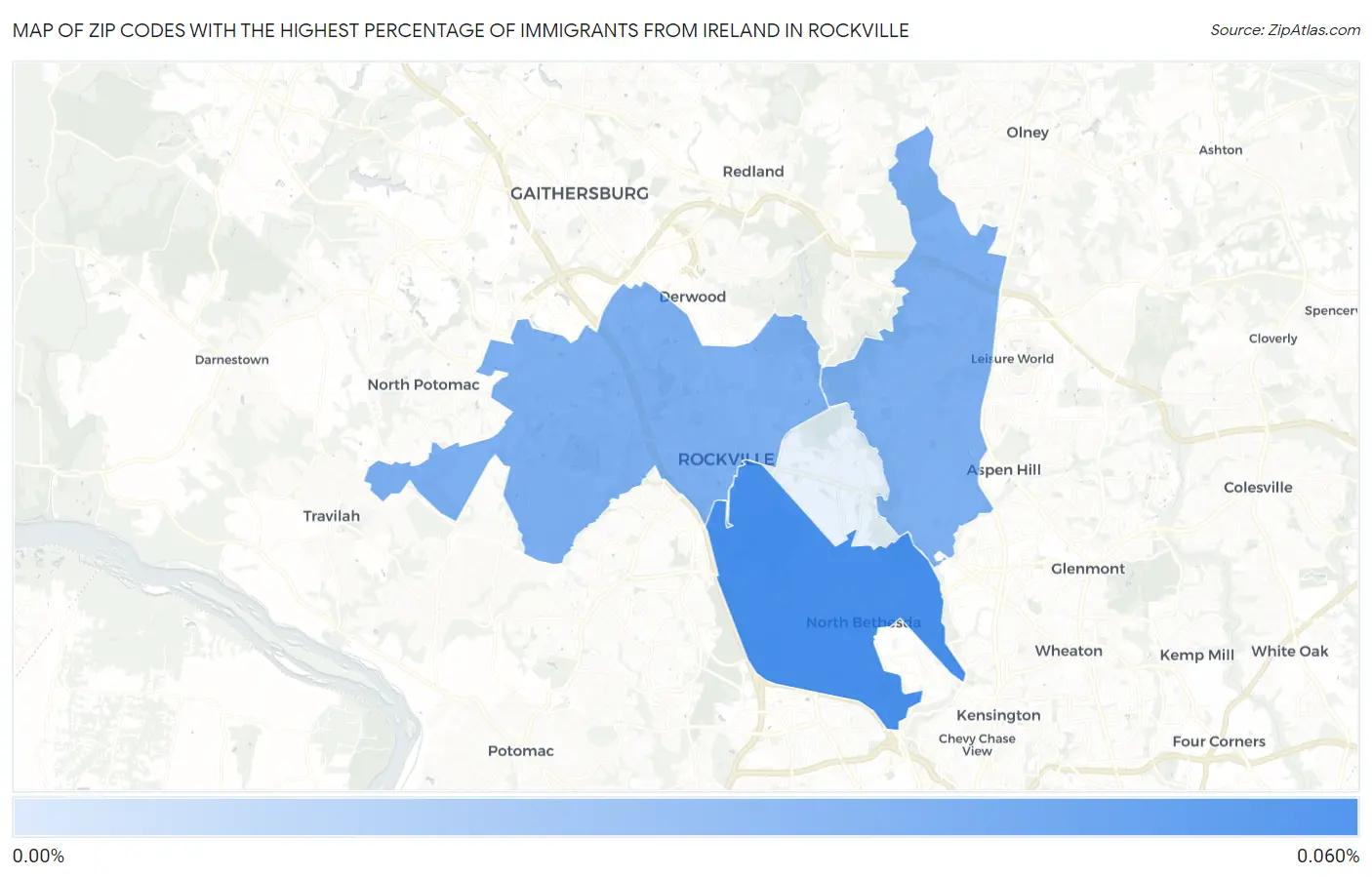 Zip Codes with the Highest Percentage of Immigrants from Ireland in Rockville Map
