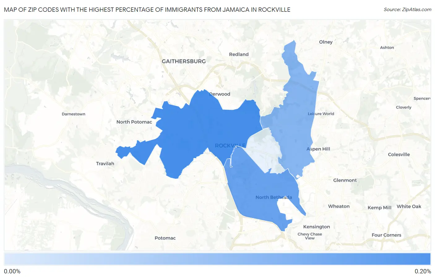 Zip Codes with the Highest Percentage of Immigrants from Jamaica in Rockville Map
