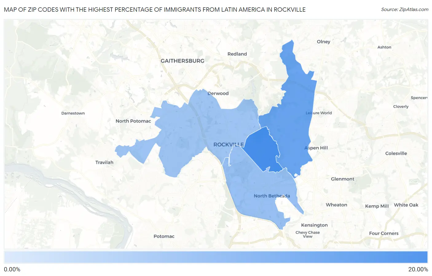 Zip Codes with the Highest Percentage of Immigrants from Latin America in Rockville Map