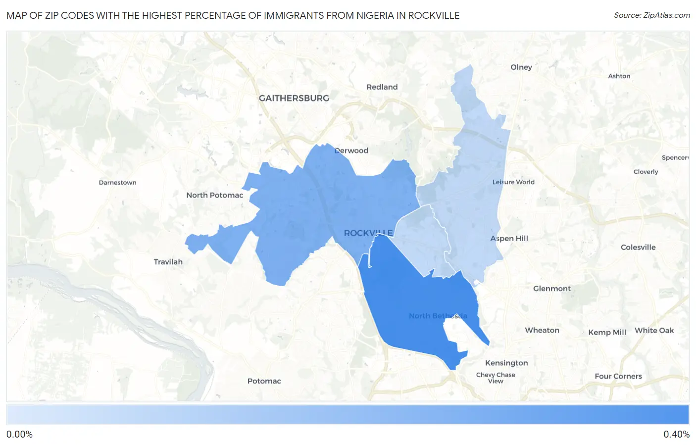 Zip Codes with the Highest Percentage of Immigrants from Nigeria in Rockville Map