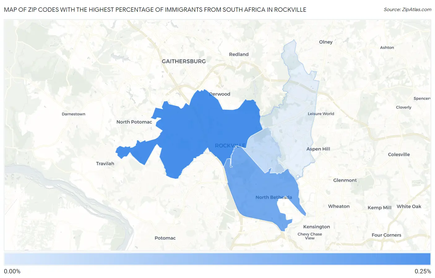 Zip Codes with the Highest Percentage of Immigrants from South Africa in Rockville Map