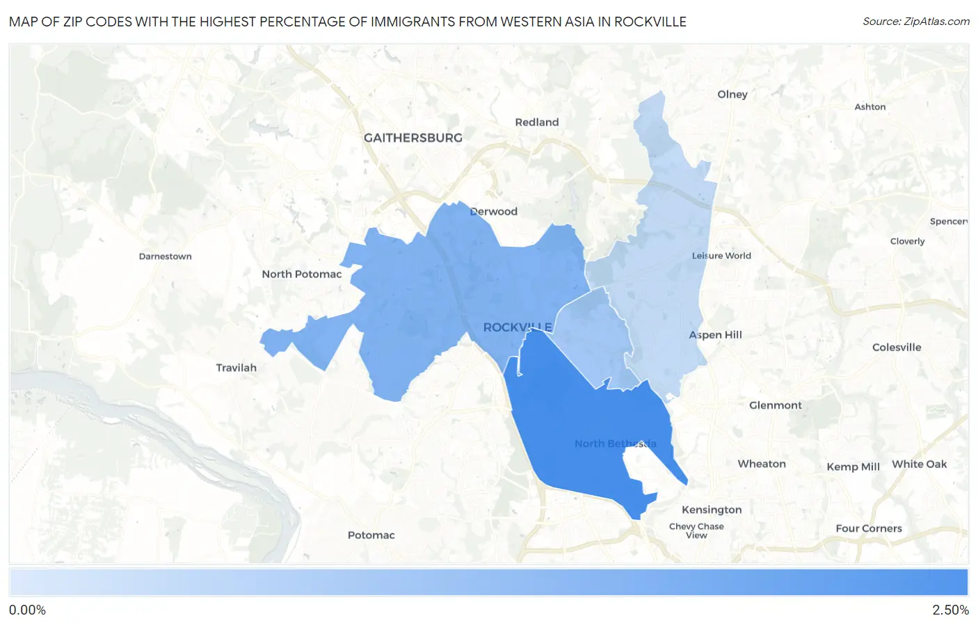 Zip Codes with the Highest Percentage of Immigrants from Western Asia in Rockville Map