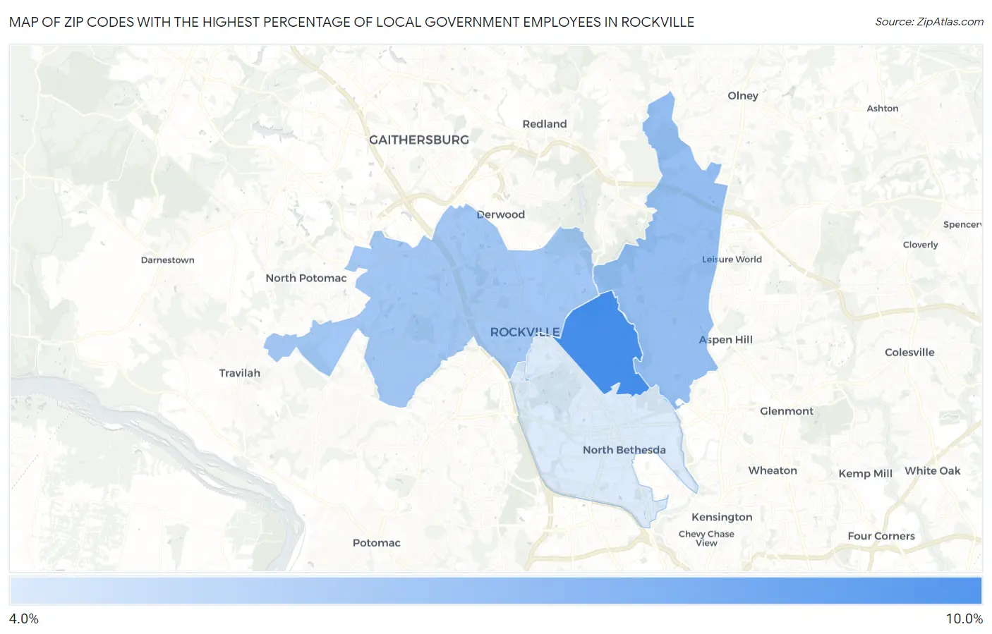 Zip Codes with the Highest Percentage of Local Government Employees in Rockville Map