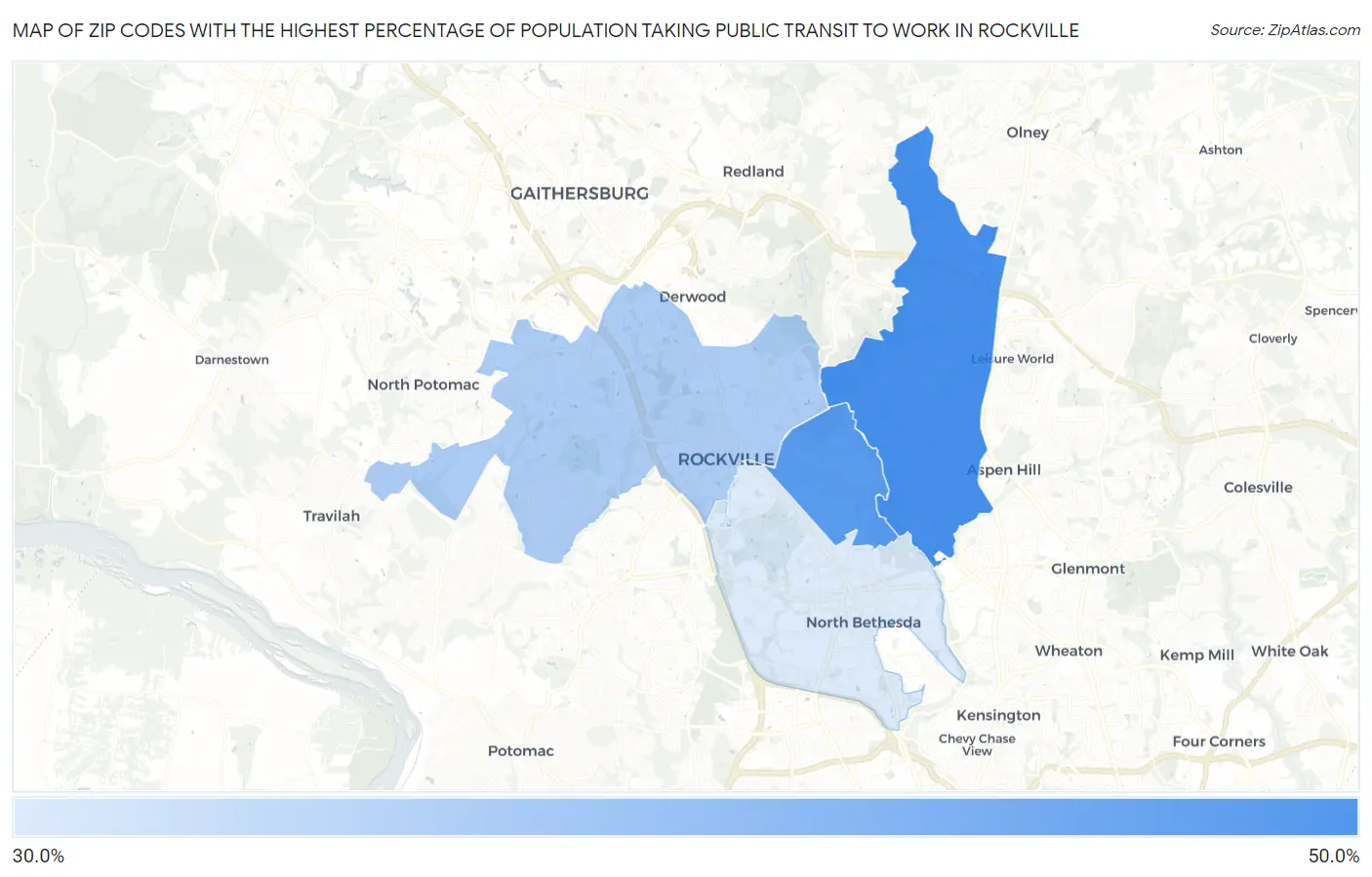 Zip Codes with the Highest Percentage of Population Taking Public Transit to Work in Rockville Map
