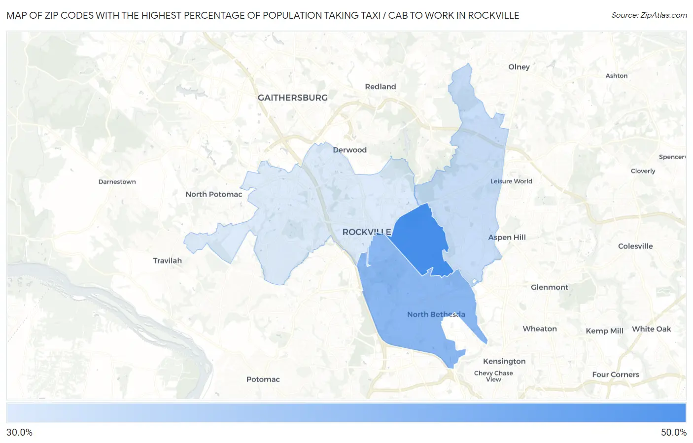 Zip Codes with the Highest Percentage of Population Taking Taxi / Cab to Work in Rockville Map