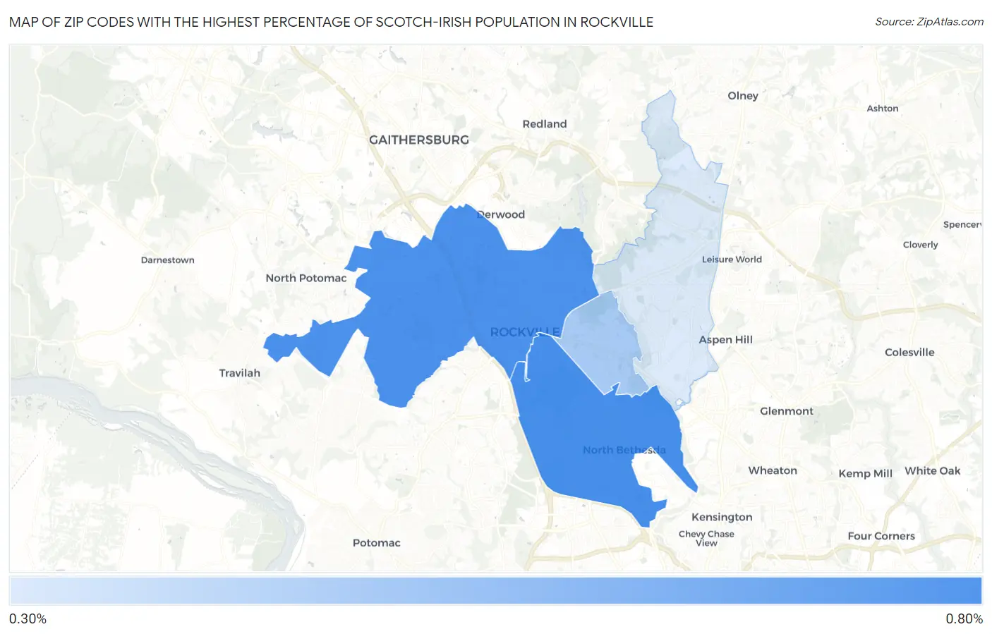 Zip Codes with the Highest Percentage of Scotch-Irish Population in Rockville Map
