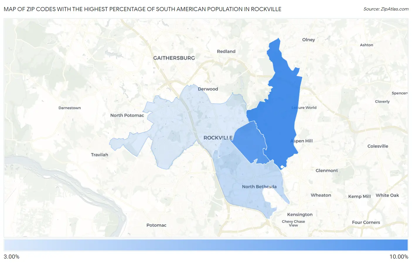 Zip Codes with the Highest Percentage of South American Population in Rockville Map