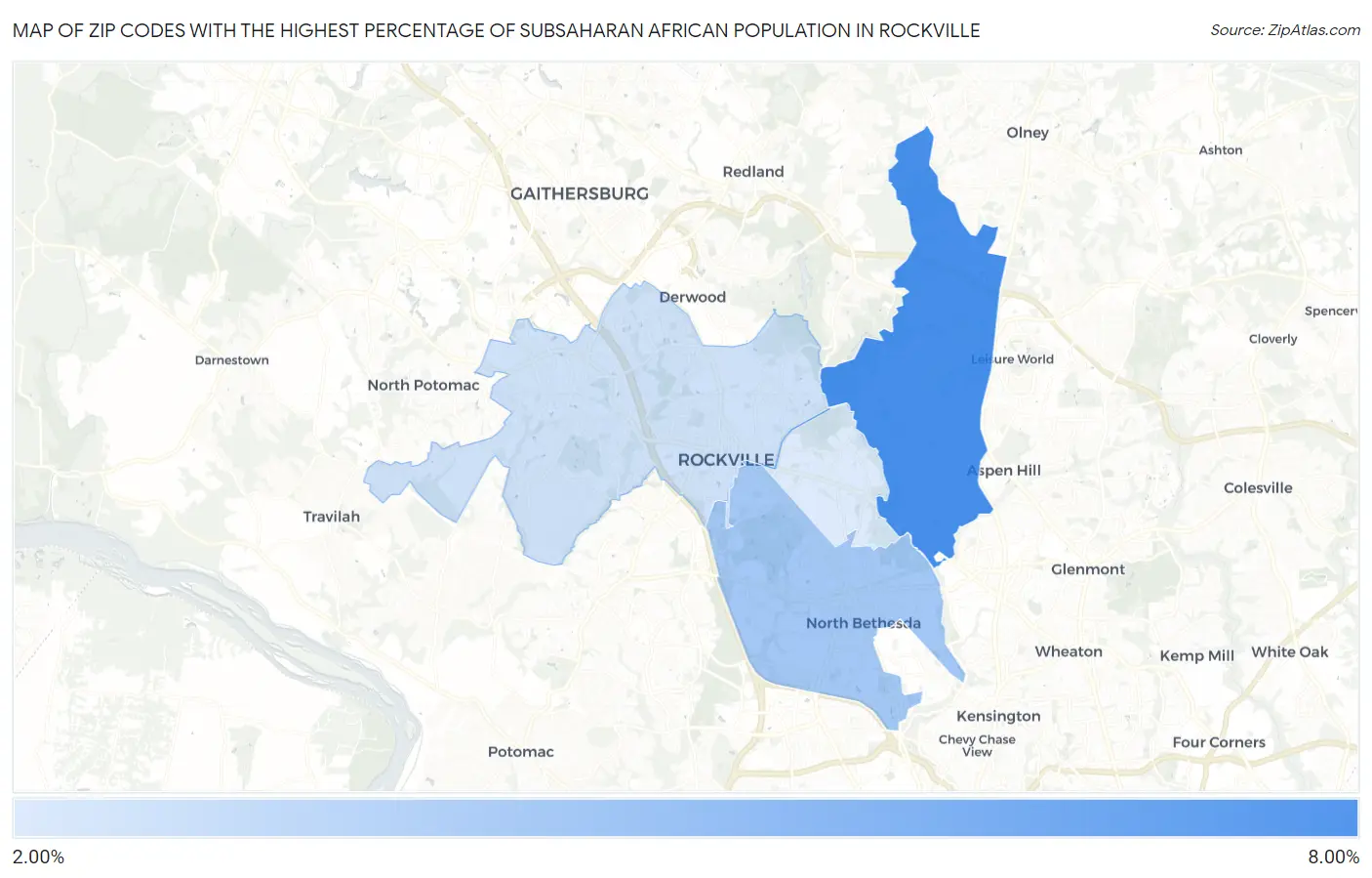 Zip Codes with the Highest Percentage of Subsaharan African Population in Rockville Map