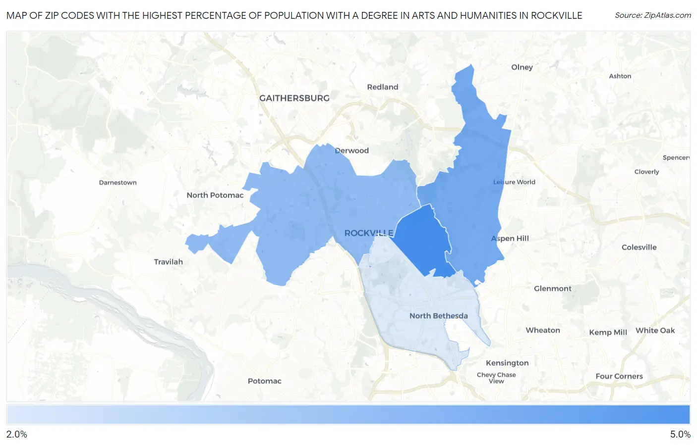 Zip Codes with the Highest Percentage of Population with a Degree in Arts and Humanities in Rockville Map