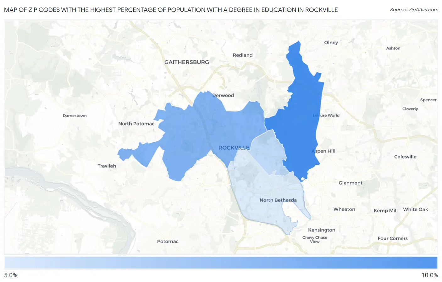 Zip Codes with the Highest Percentage of Population with a Degree in Education in Rockville Map
