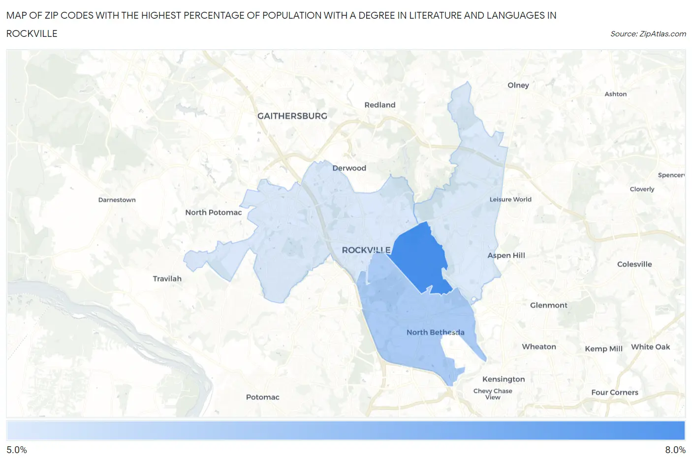 Zip Codes with the Highest Percentage of Population with a Degree in Literature and Languages in Rockville Map