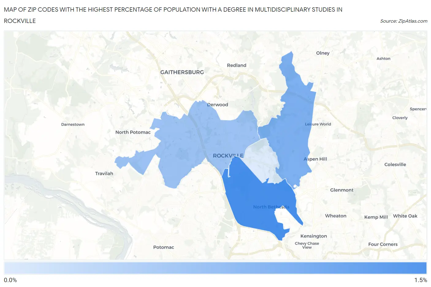 Zip Codes with the Highest Percentage of Population with a Degree in Multidisciplinary Studies in Rockville Map