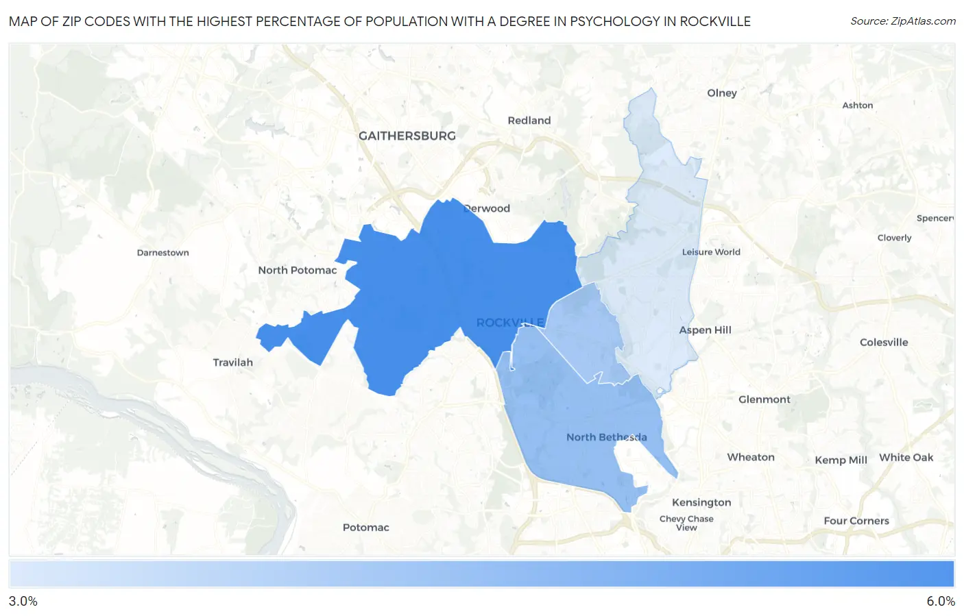 Zip Codes with the Highest Percentage of Population with a Degree in Psychology in Rockville Map
