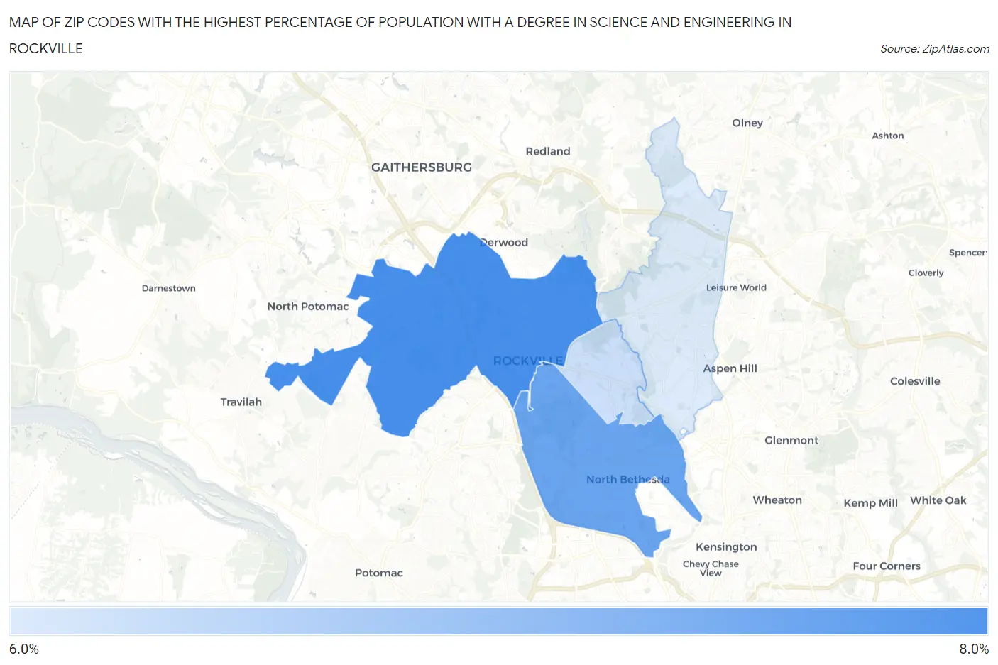 Zip Codes with the Highest Percentage of Population with a Degree in Science and Engineering in Rockville Map