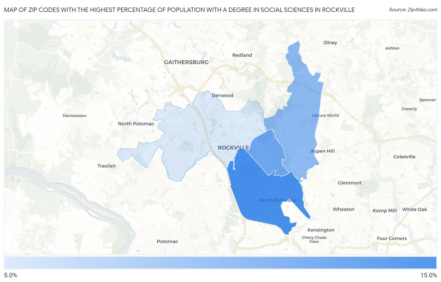 Zip Codes with the Highest Percentage of Population with a Degree in Social Sciences in Rockville Map