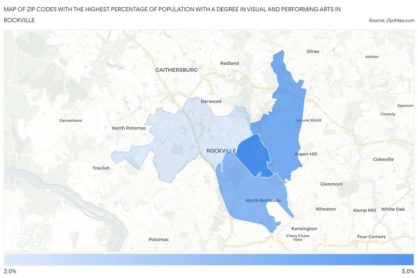 Zip Codes with the Highest Percentage of Population with a Degree in Visual and Performing Arts in Rockville Map