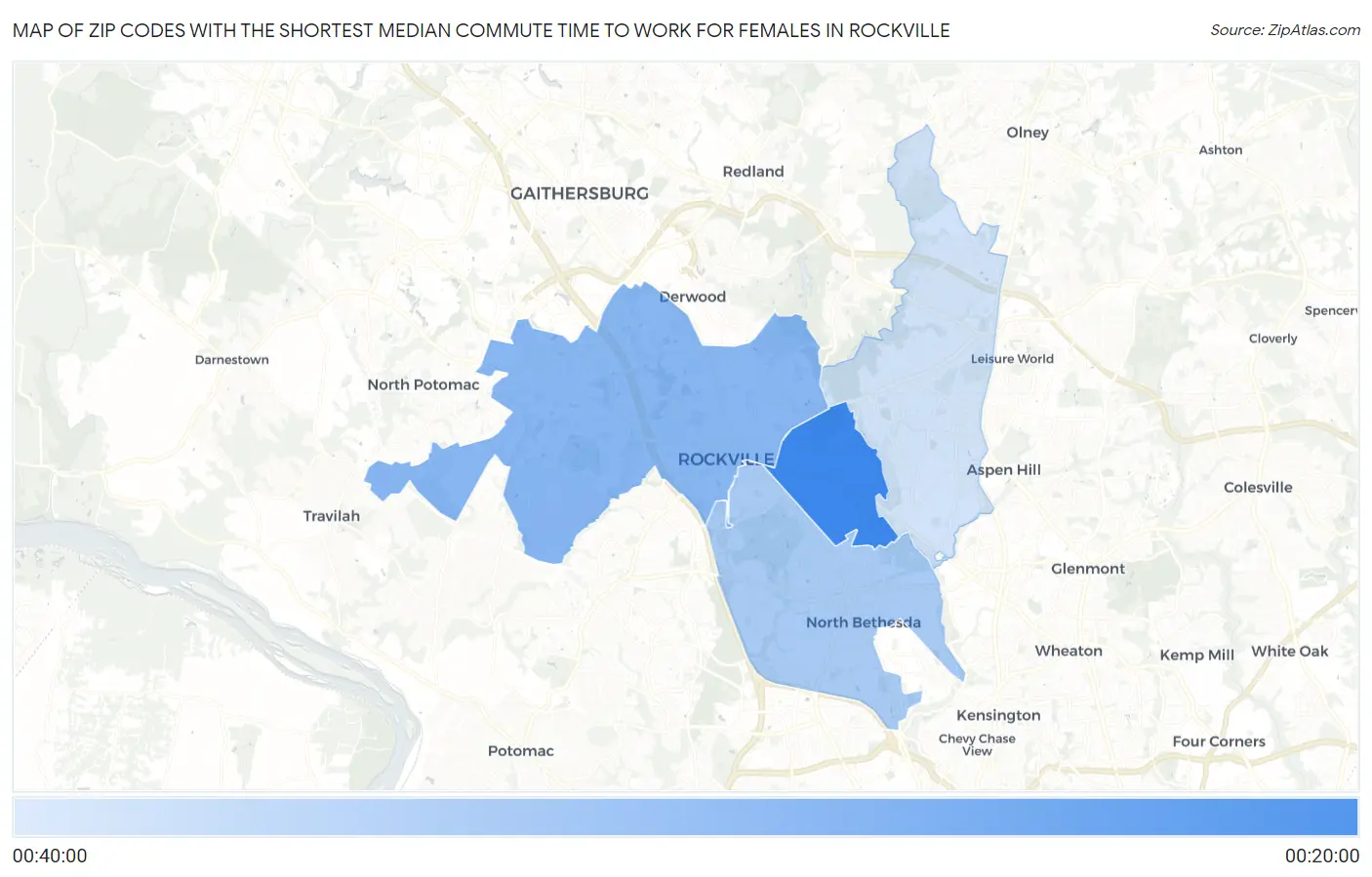 Zip Codes with the Shortest Median Commute Time to Work for Females in Rockville Map