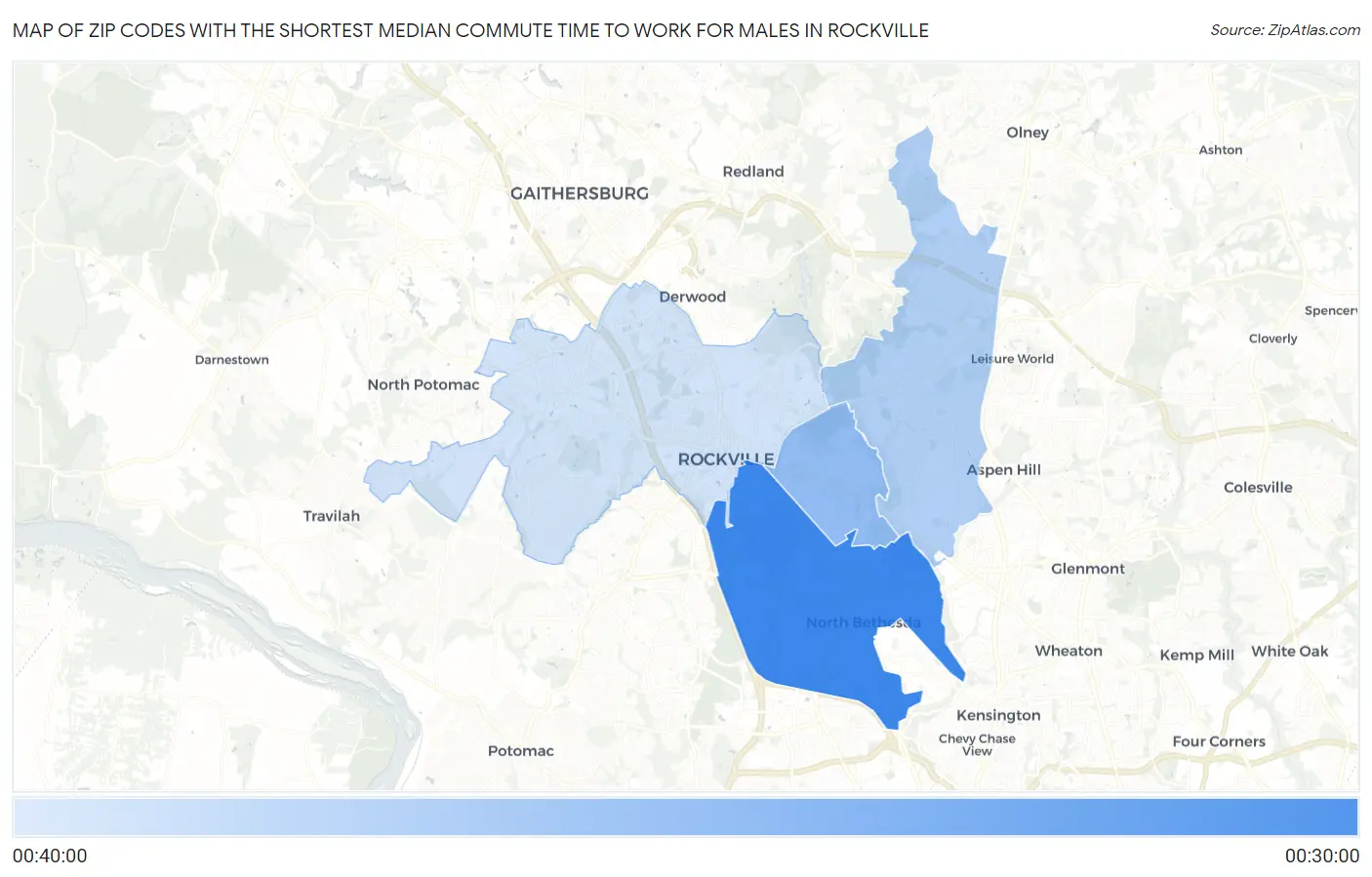 Zip Codes with the Shortest Median Commute Time to Work for Males in Rockville Map