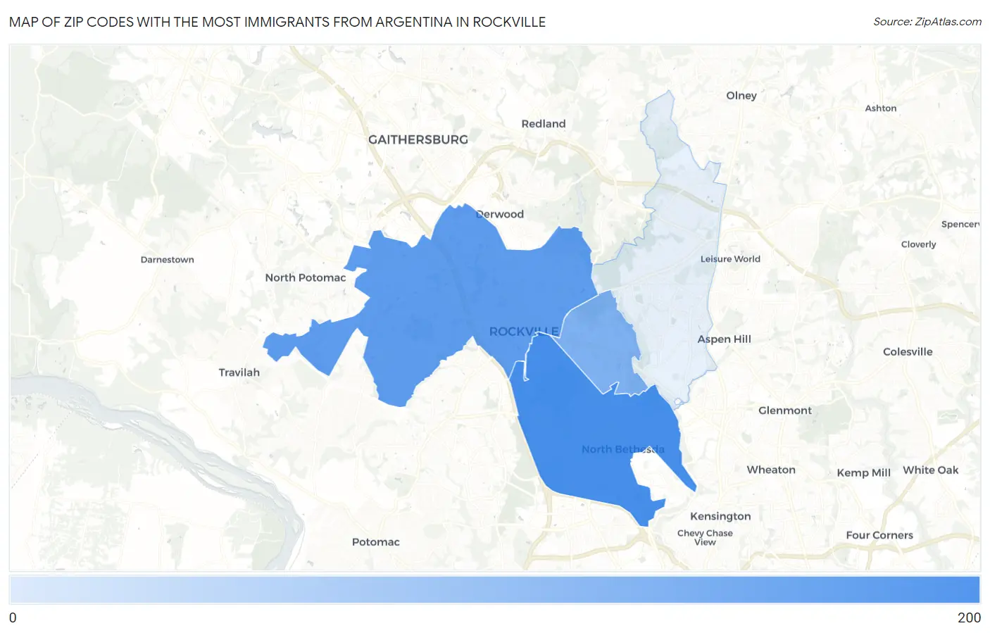 Zip Codes with the Most Immigrants from Argentina in Rockville Map