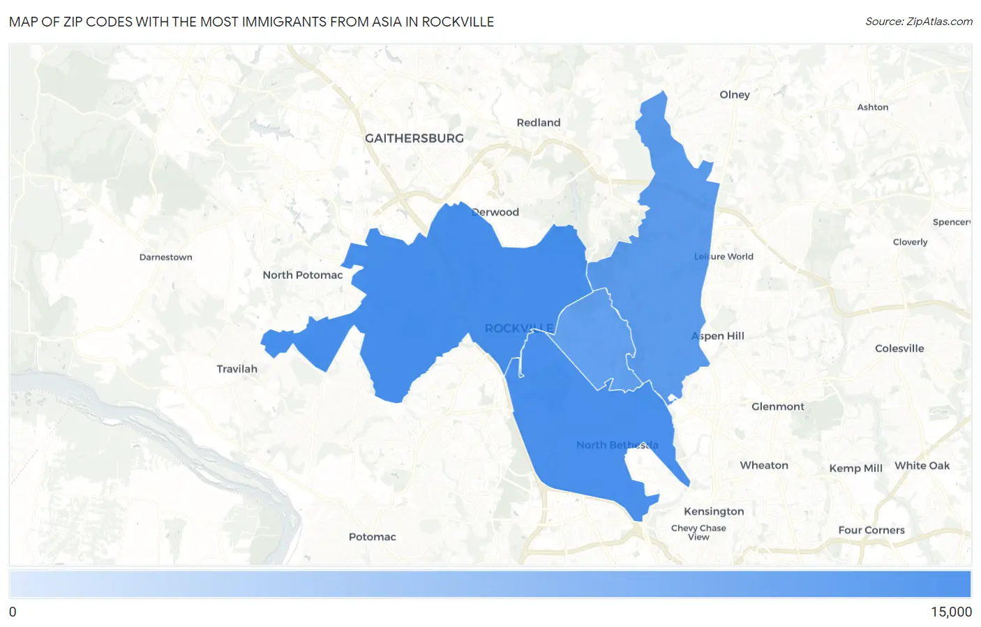 Zip Codes with the Most Immigrants from Asia in Rockville Map