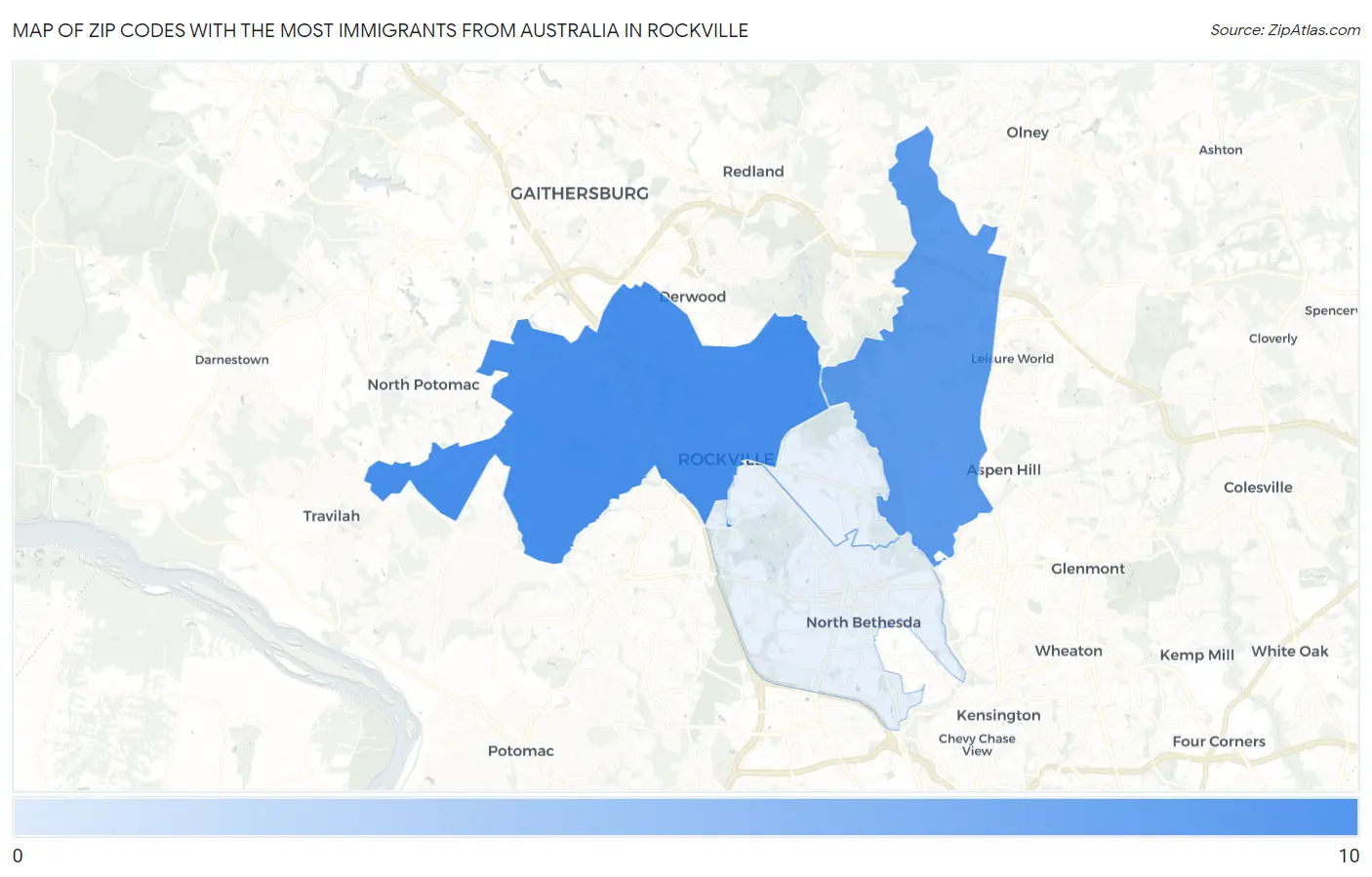 Zip Codes with the Most Immigrants from Australia in Rockville Map