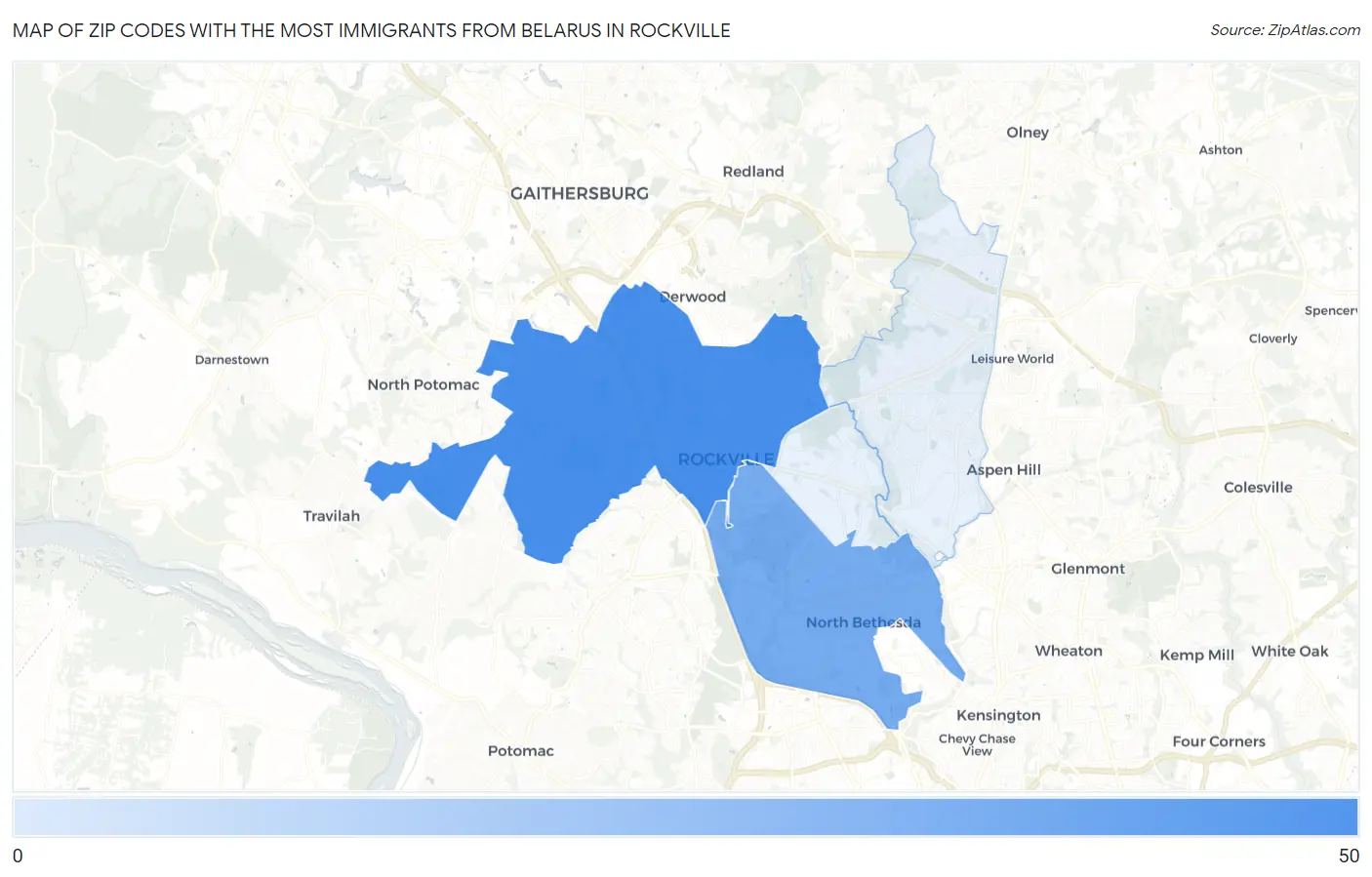 Zip Codes with the Most Immigrants from Belarus in Rockville Map