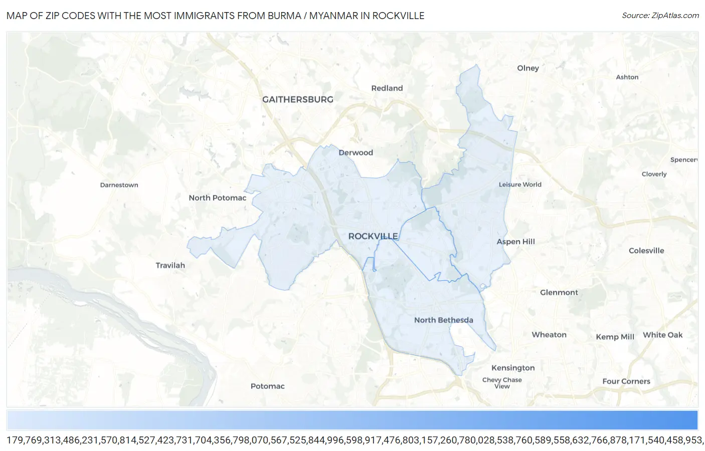 Zip Codes with the Most Immigrants from Burma / Myanmar in Rockville Map