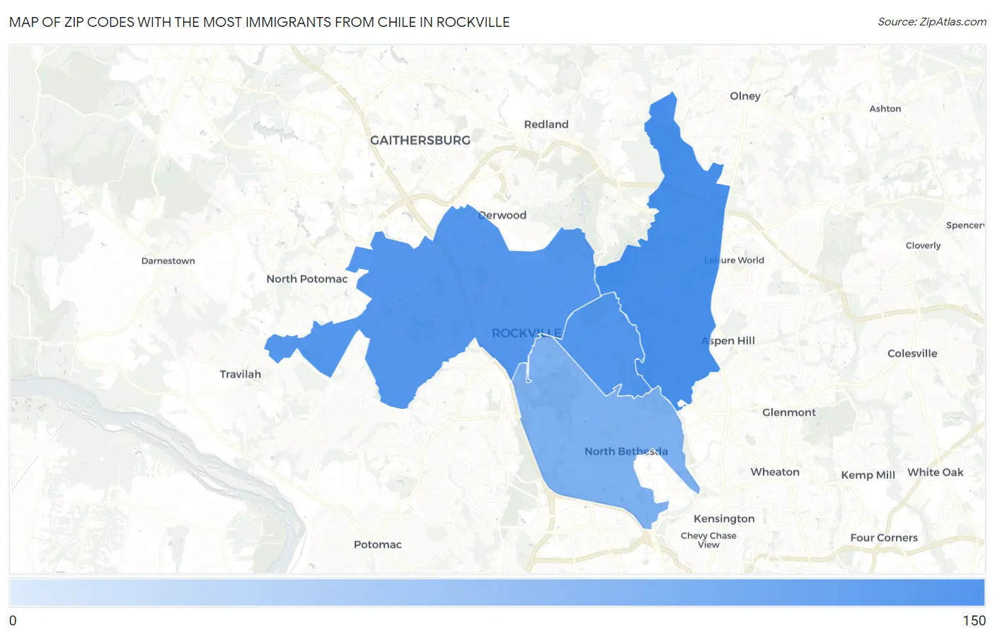 Zip Codes with the Most Immigrants from Chile in Rockville Map