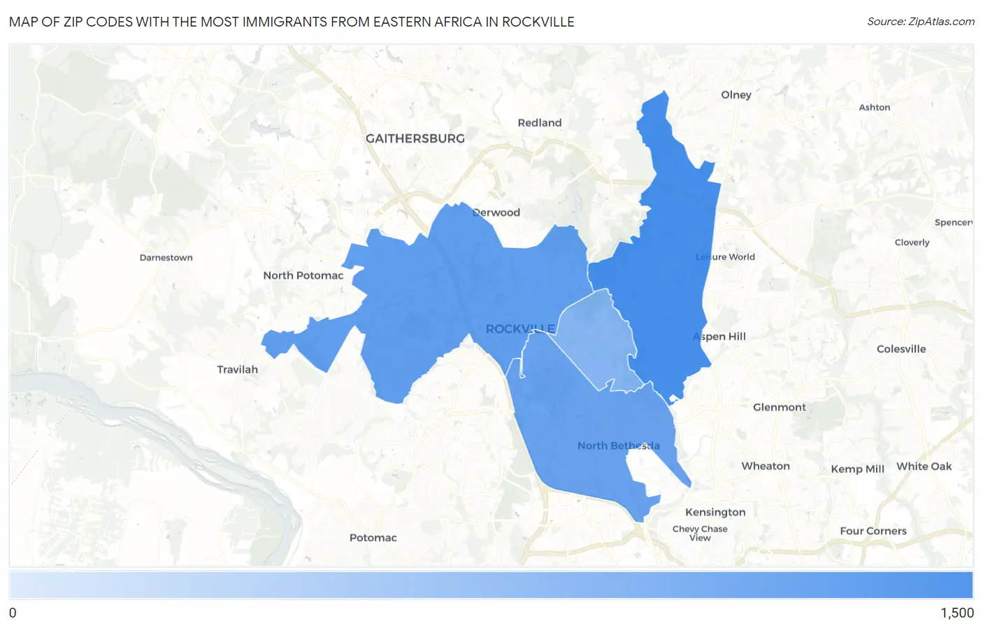 Zip Codes with the Most Immigrants from Eastern Africa in Rockville Map