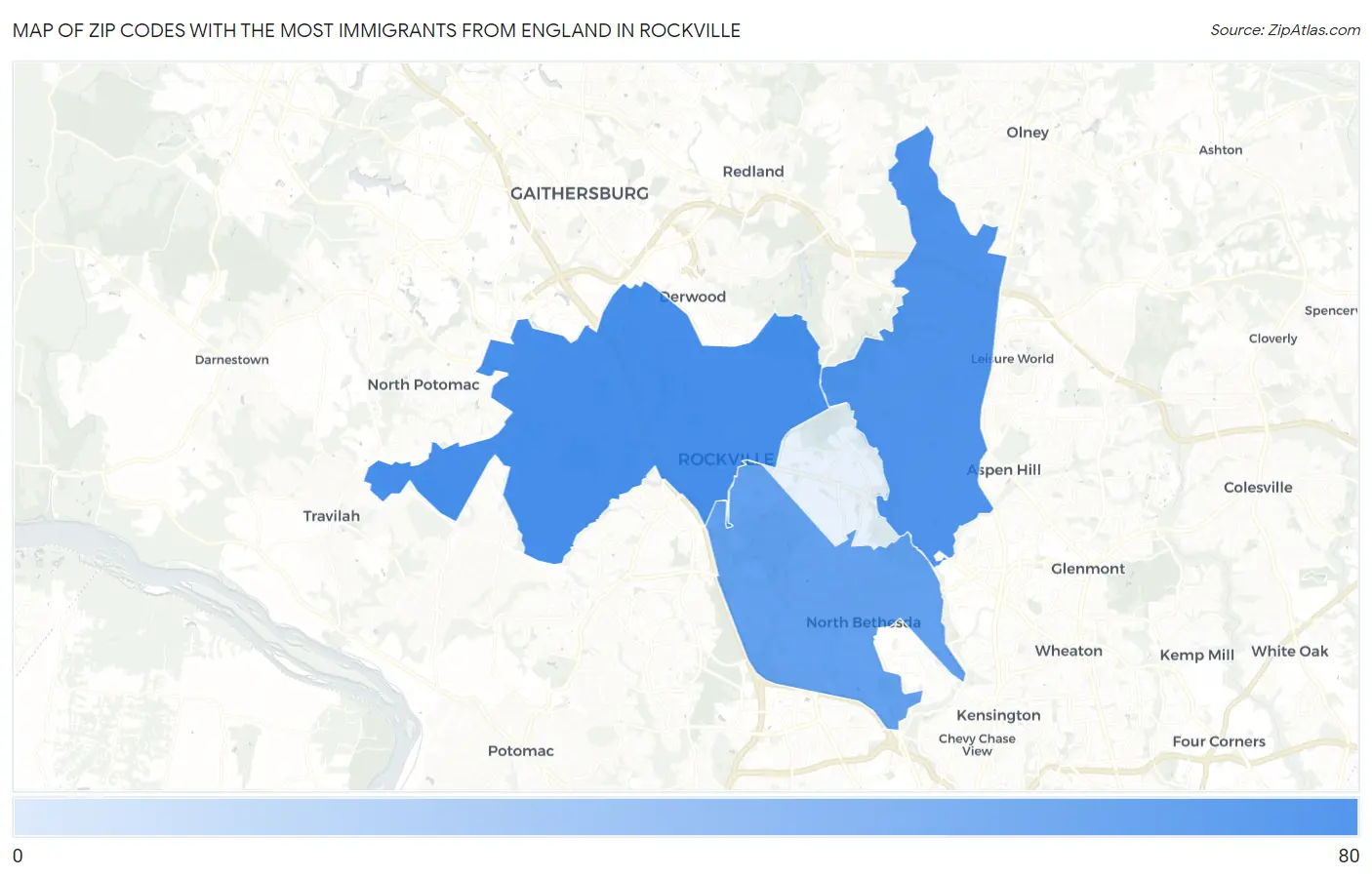 Zip Codes with the Most Immigrants from England in Rockville Map