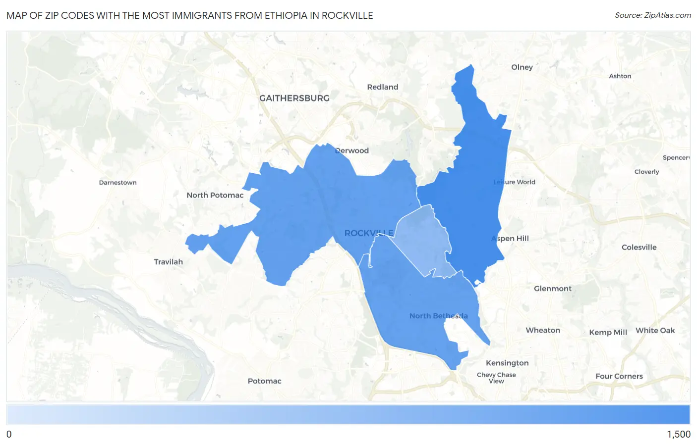 Zip Codes with the Most Immigrants from Ethiopia in Rockville Map