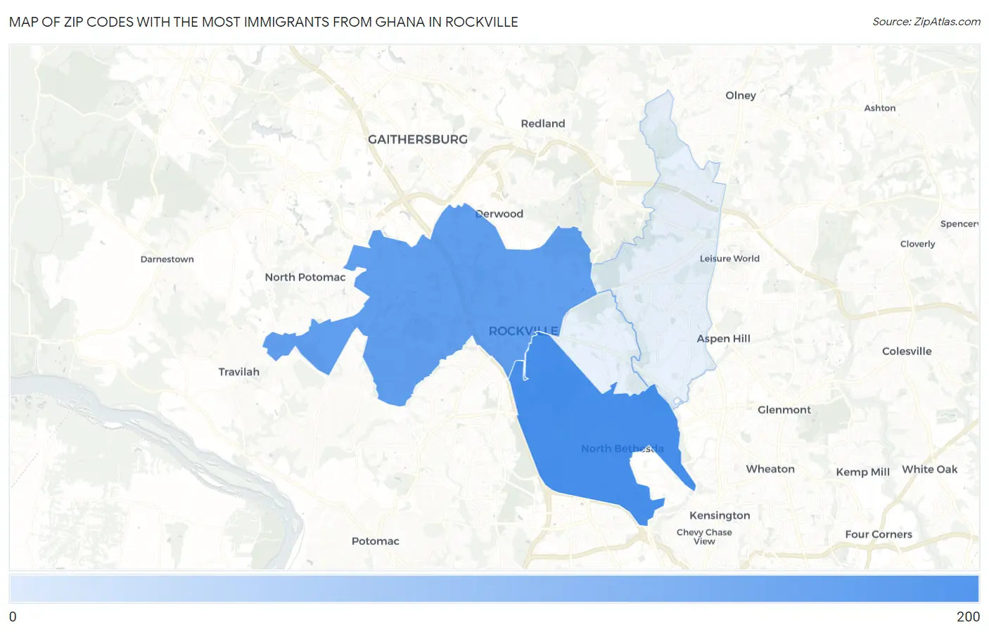 Zip Codes with the Most Immigrants from Ghana in Rockville Map