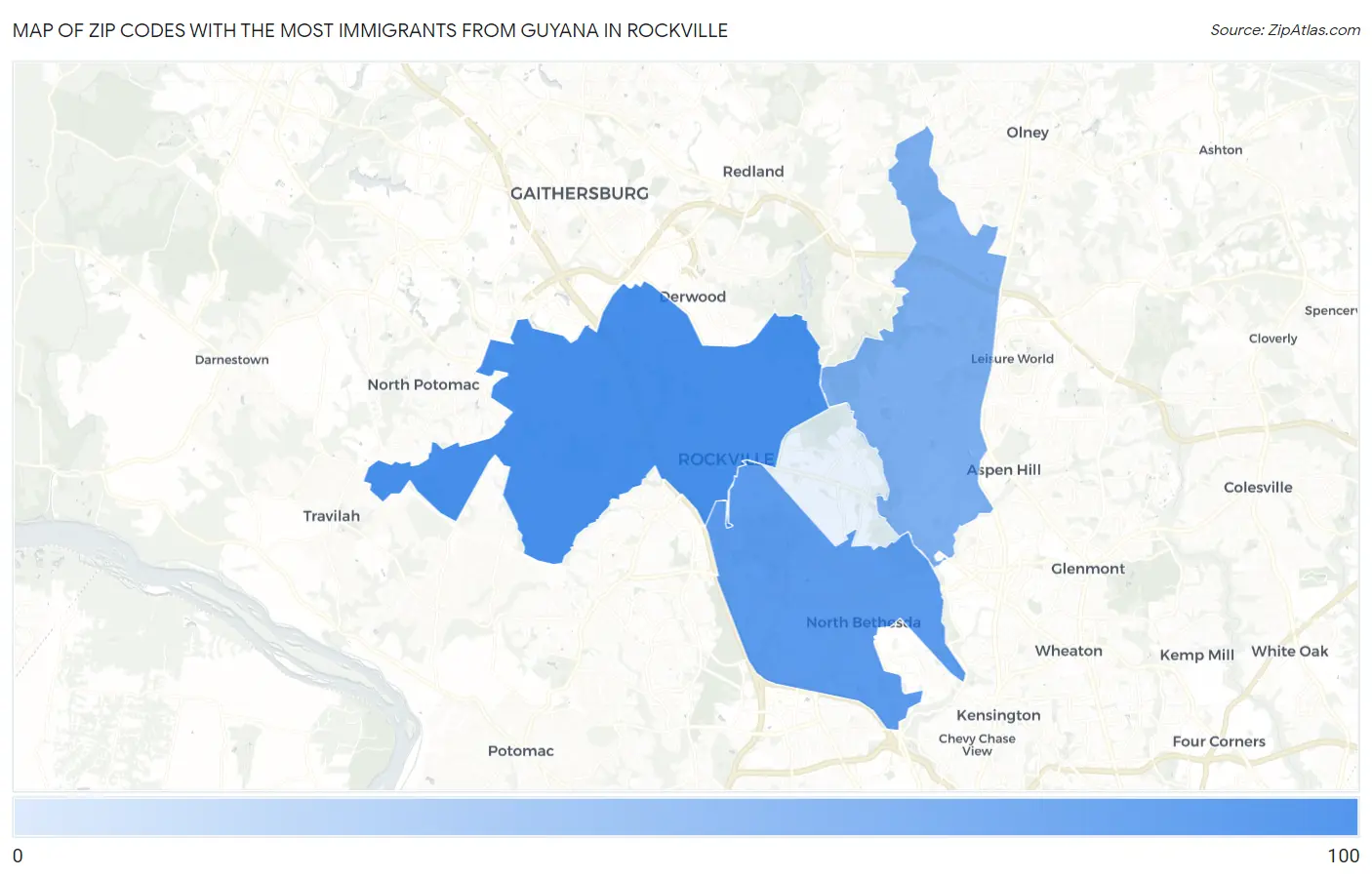Zip Codes with the Most Immigrants from Guyana in Rockville Map