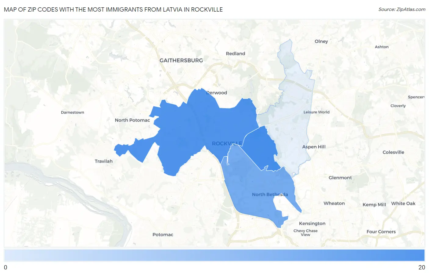 Zip Codes with the Most Immigrants from Latvia in Rockville Map