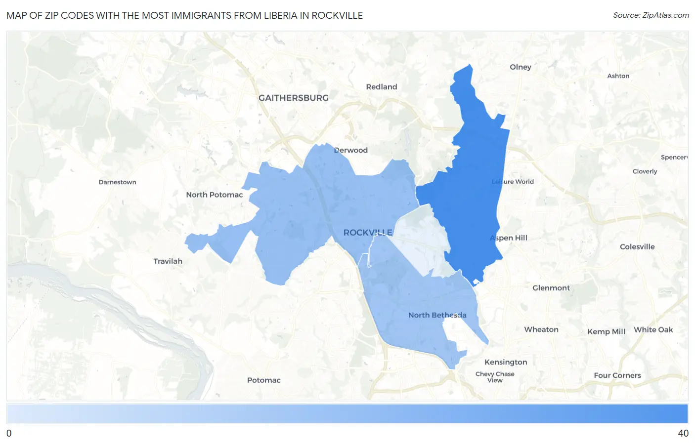 Zip Codes with the Most Immigrants from Liberia in Rockville Map