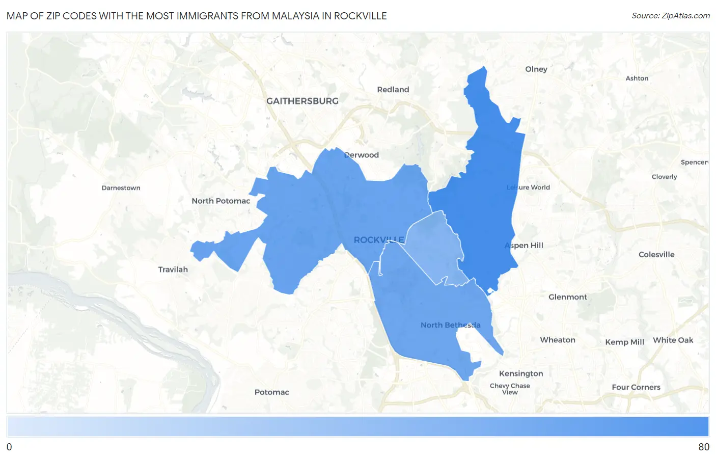 Zip Codes with the Most Immigrants from Malaysia in Rockville Map
