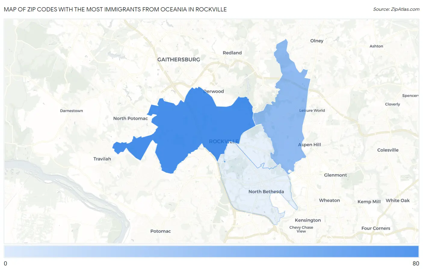 Zip Codes with the Most Immigrants from Oceania in Rockville Map