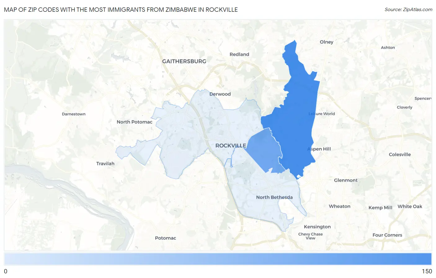 Zip Codes with the Most Immigrants from Zimbabwe in Rockville Map