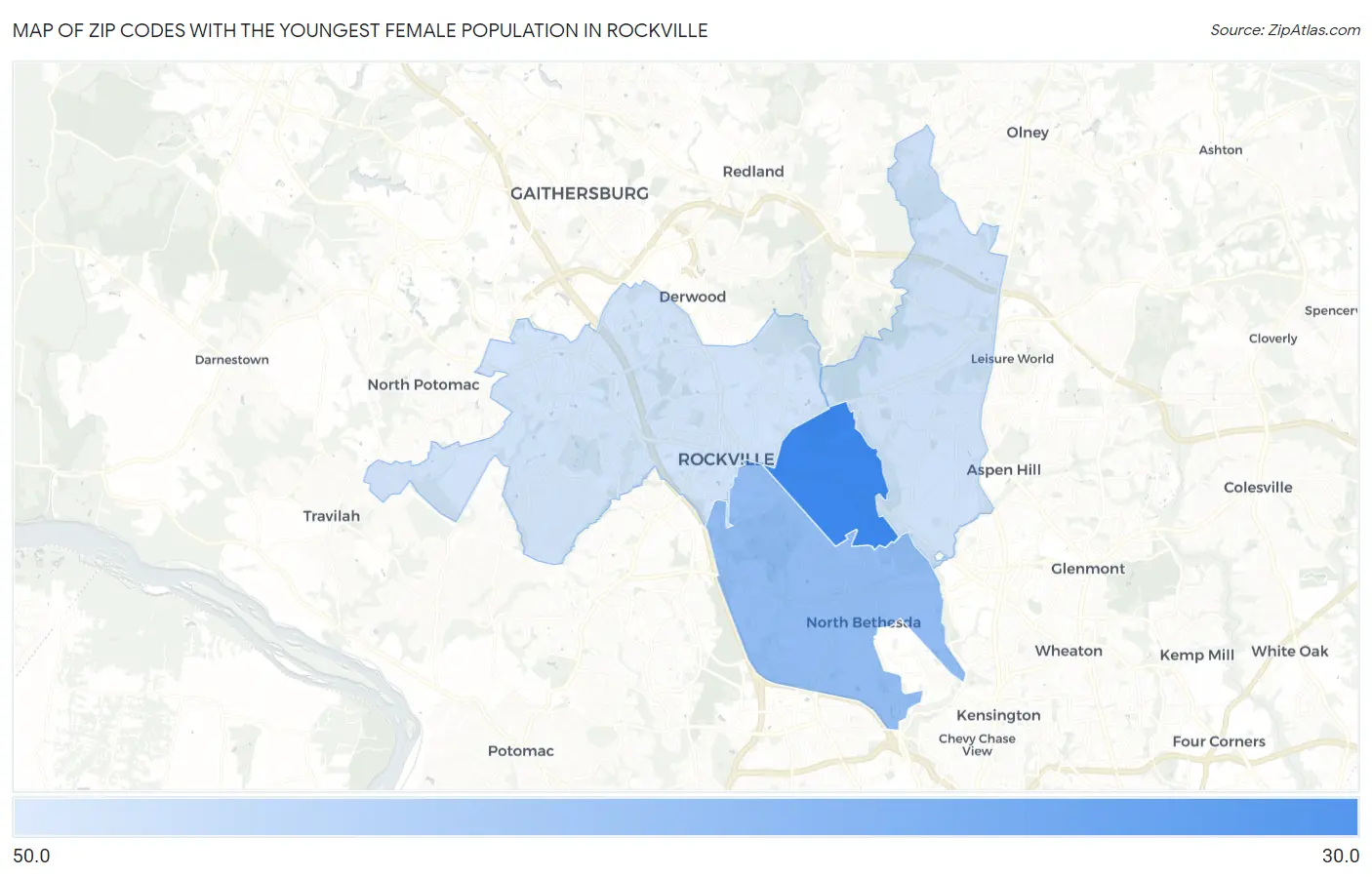 Zip Codes with the Youngest Female Population in Rockville Map