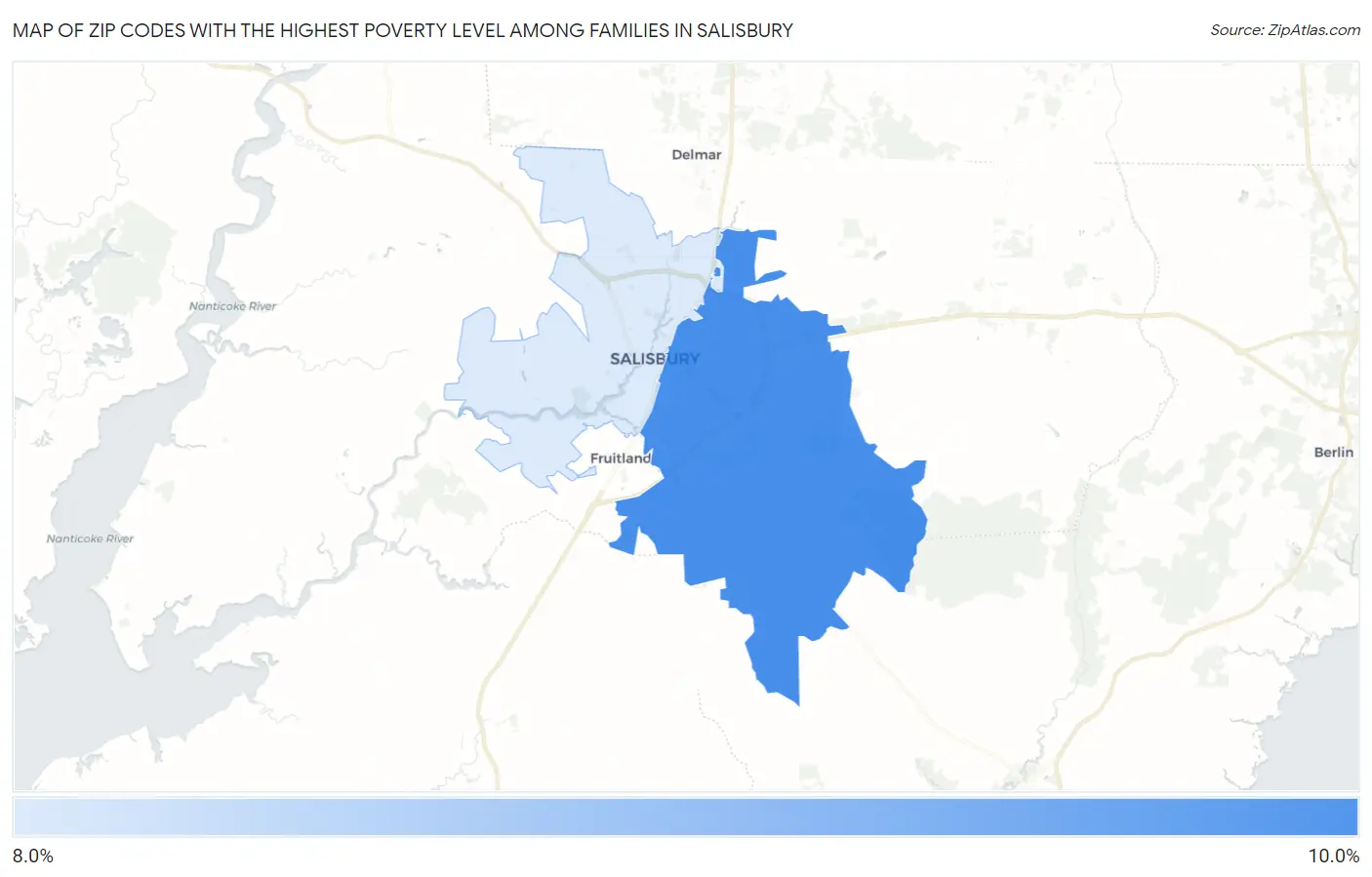 Zip Codes with the Highest Poverty Level Among Families in Salisbury Map